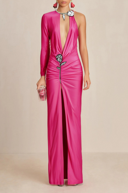 CRYSTAL FLOWER CUTOUT RUCHED DRESS
