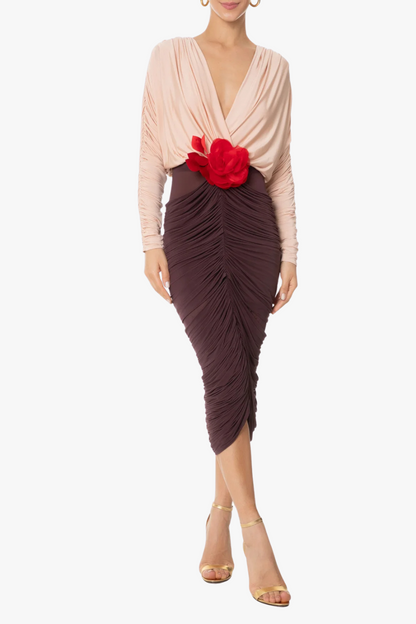 Long Sleeve Two-Tone pleated Midi Dress in Brown