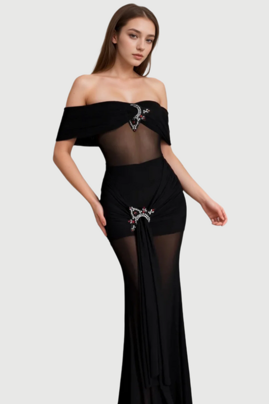 LOGILIS CRYSTAL SHEER MESH DRESS IN BLACK