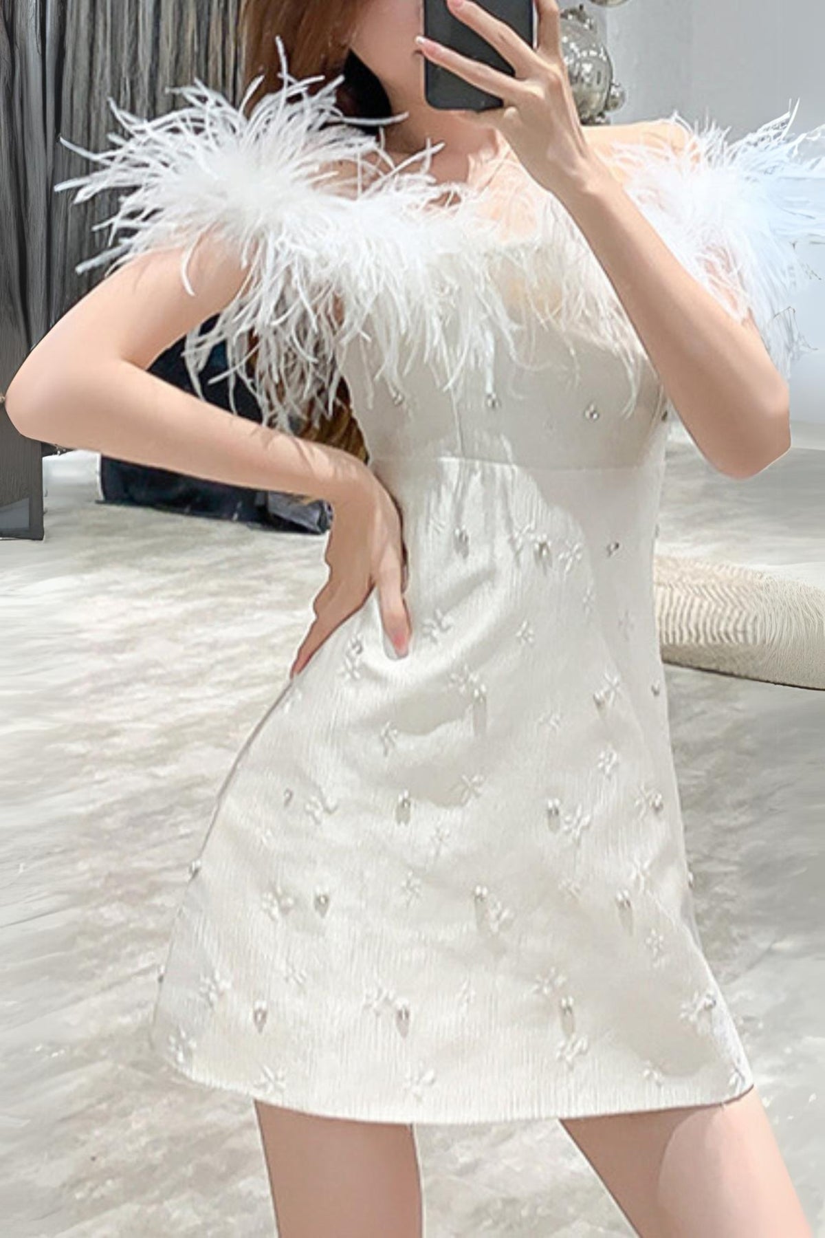 SEXY ONE-SHOULDER EMBOSSED FEATHER MINI DRESS