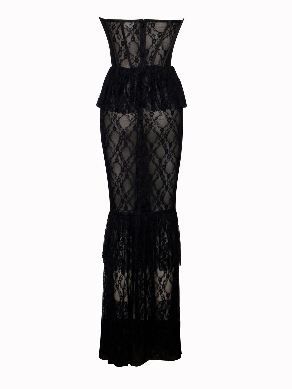 zenobia Black Lace strapless Corset Maxi Dress