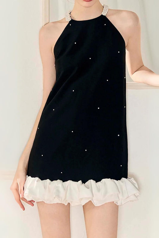 FRILL PEARL MINI DRESS IN BLACK