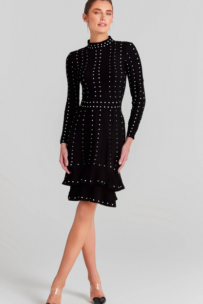 Fabienne black embellished ruffled knitted mini dress