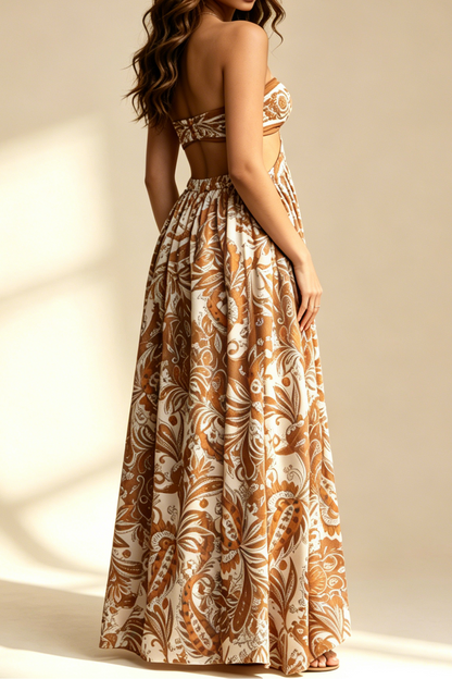 Boho Paisley Print Strapless Tube Top Cutout Flowy Maxi Dress