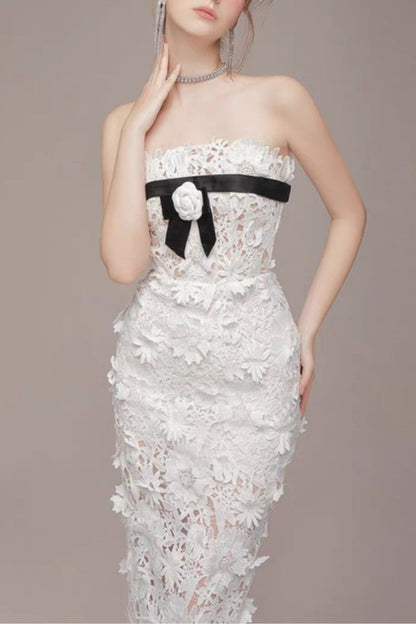 Strapless Flower Embroidery Maxi Dress In White