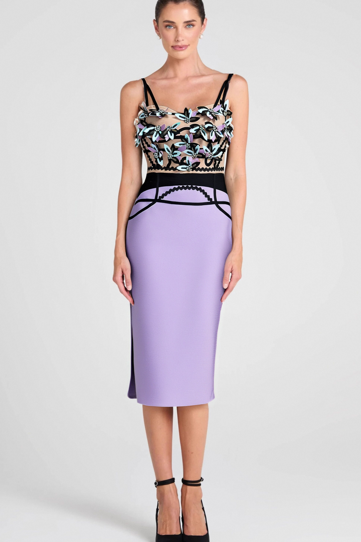 CRYSTAL BEADED APPLIQUE MIDI BANDAGE DRESS