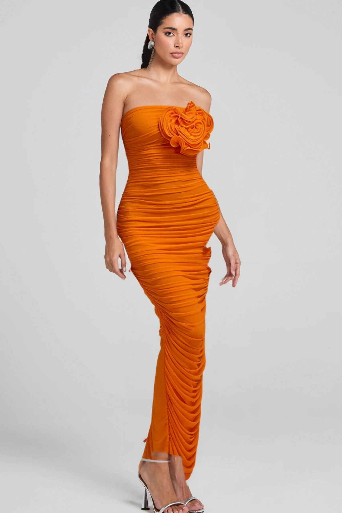 ORANGE OPEN BACK RUCHED FLOWER BODYCON MAXI DRESS