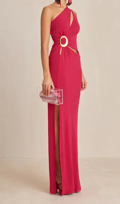 one-shoulder cutout side slit maxi dress in magenta