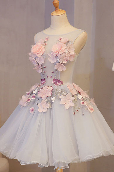 round neck floral mini prom dress