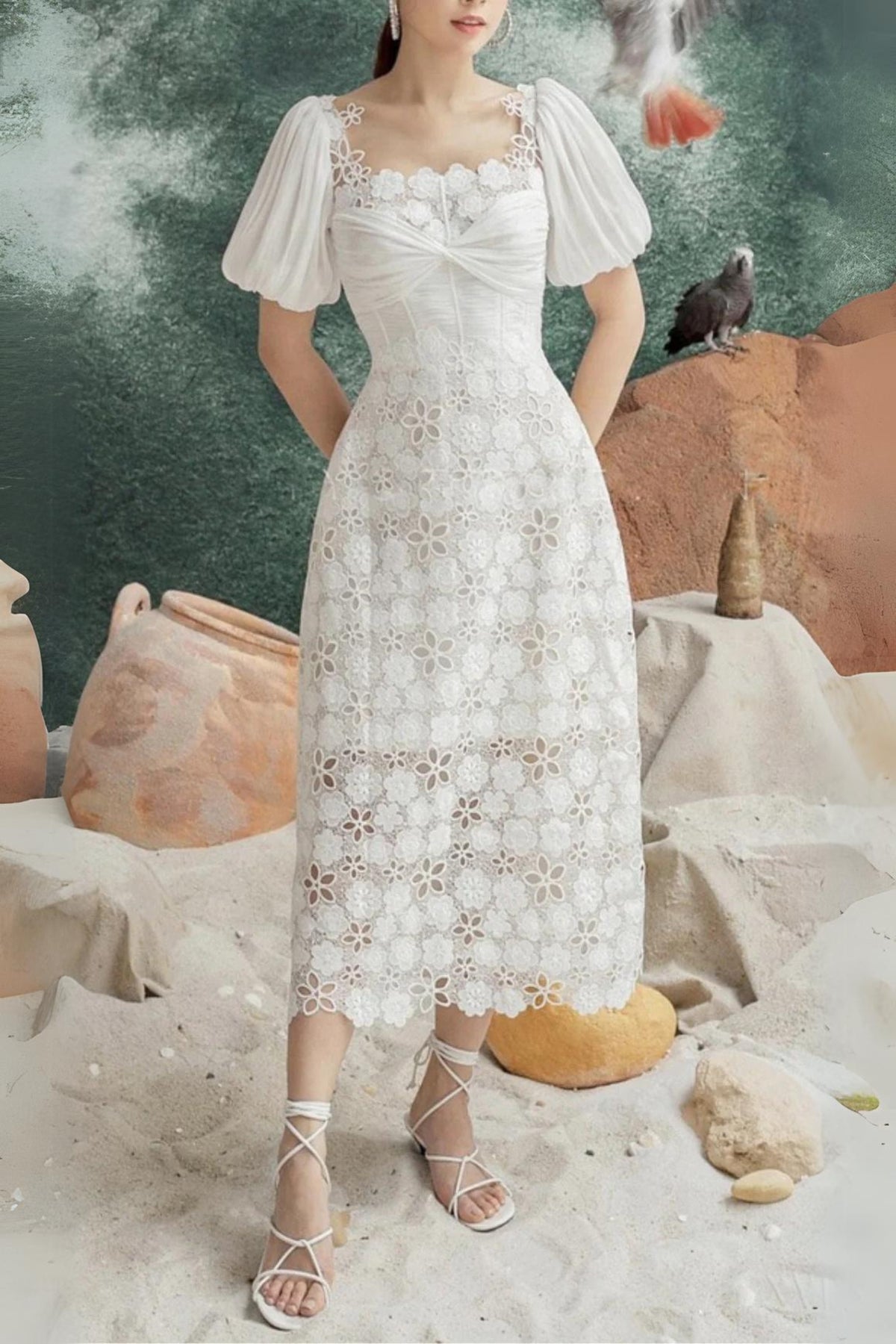 PUFF SLEEVE LACE MIDI DRESS IN WHITE