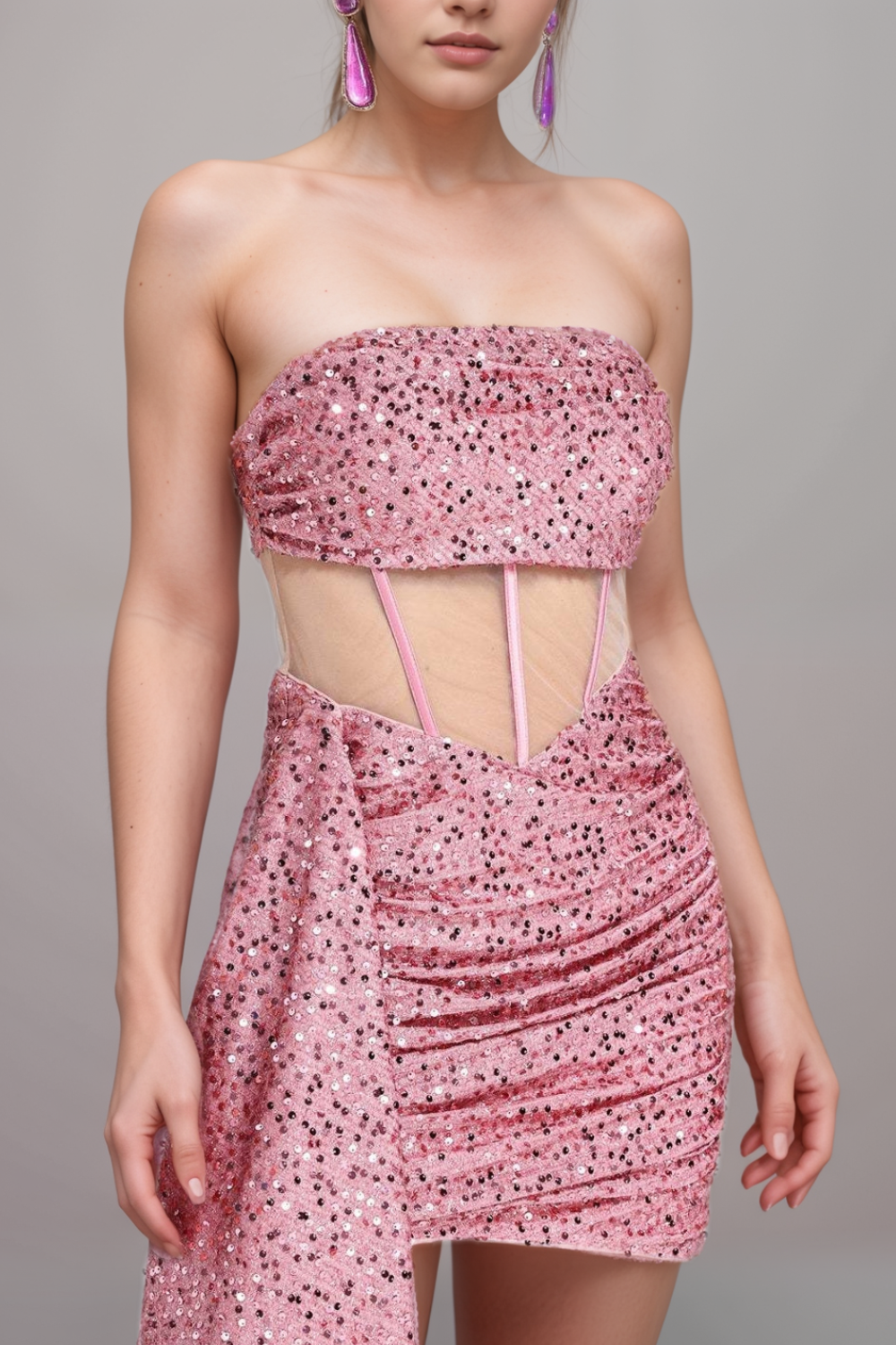 SEQUIN MESH RUCHED MINI DRESS