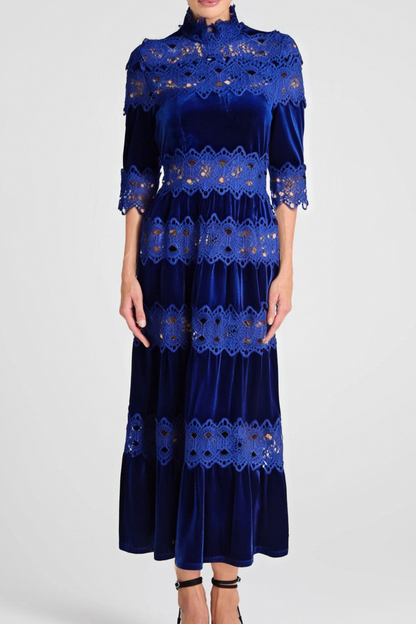 HOLLOW PATCHWORK VELVET DRESS IN BLUE