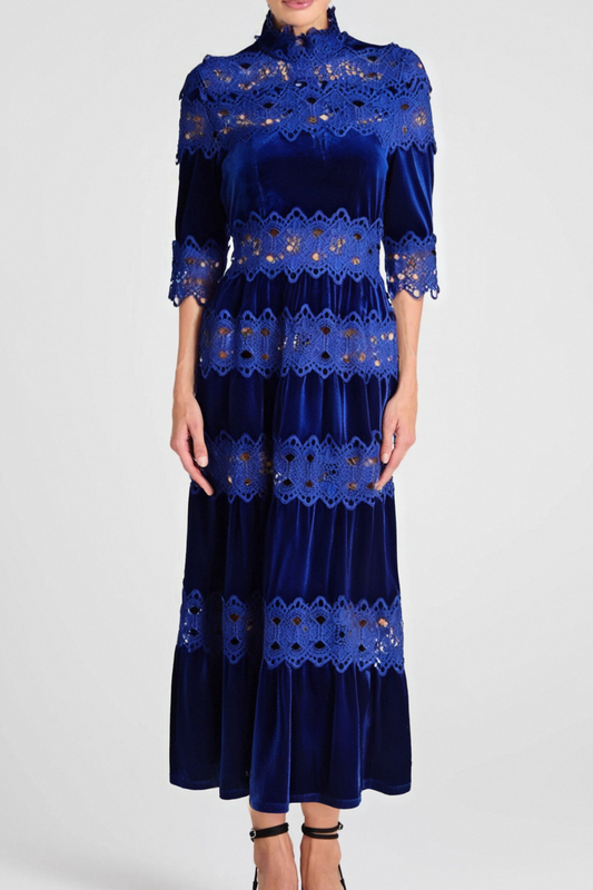 HOLLOW PATCHWORK VELVET DRESS IN BLUE