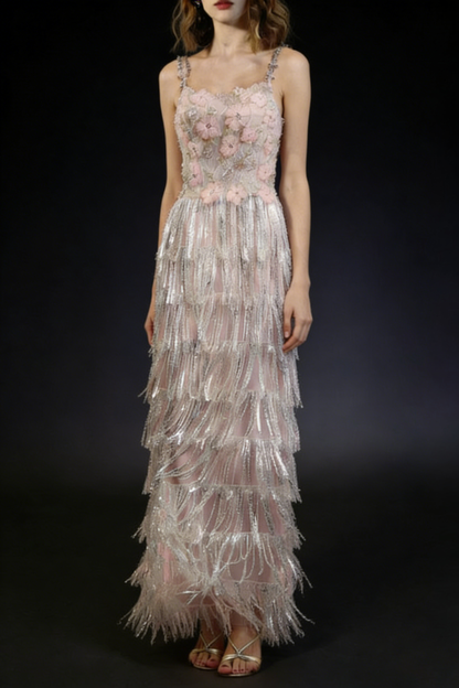 Opala Sleeveless Flowers Diamond Tassels Maxi Dress