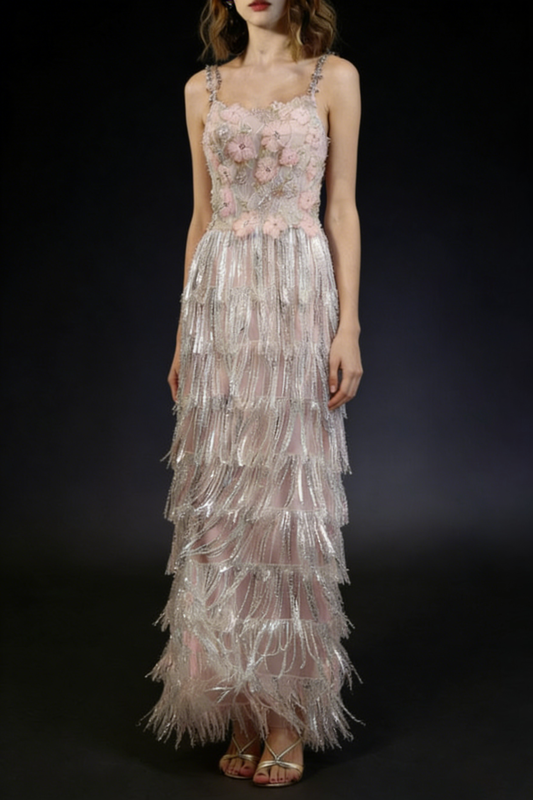 Opala Sleeveless Flowers Diamond Tassels Maxi Dress