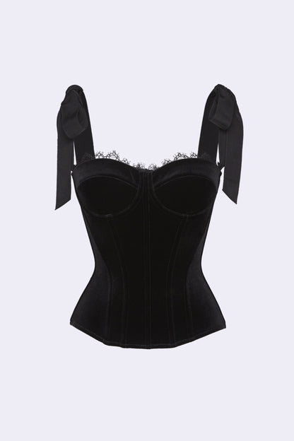 CORA BLACK VELVET BUSTIER CORSET GROSGRAIN MINI DRESS SUIT