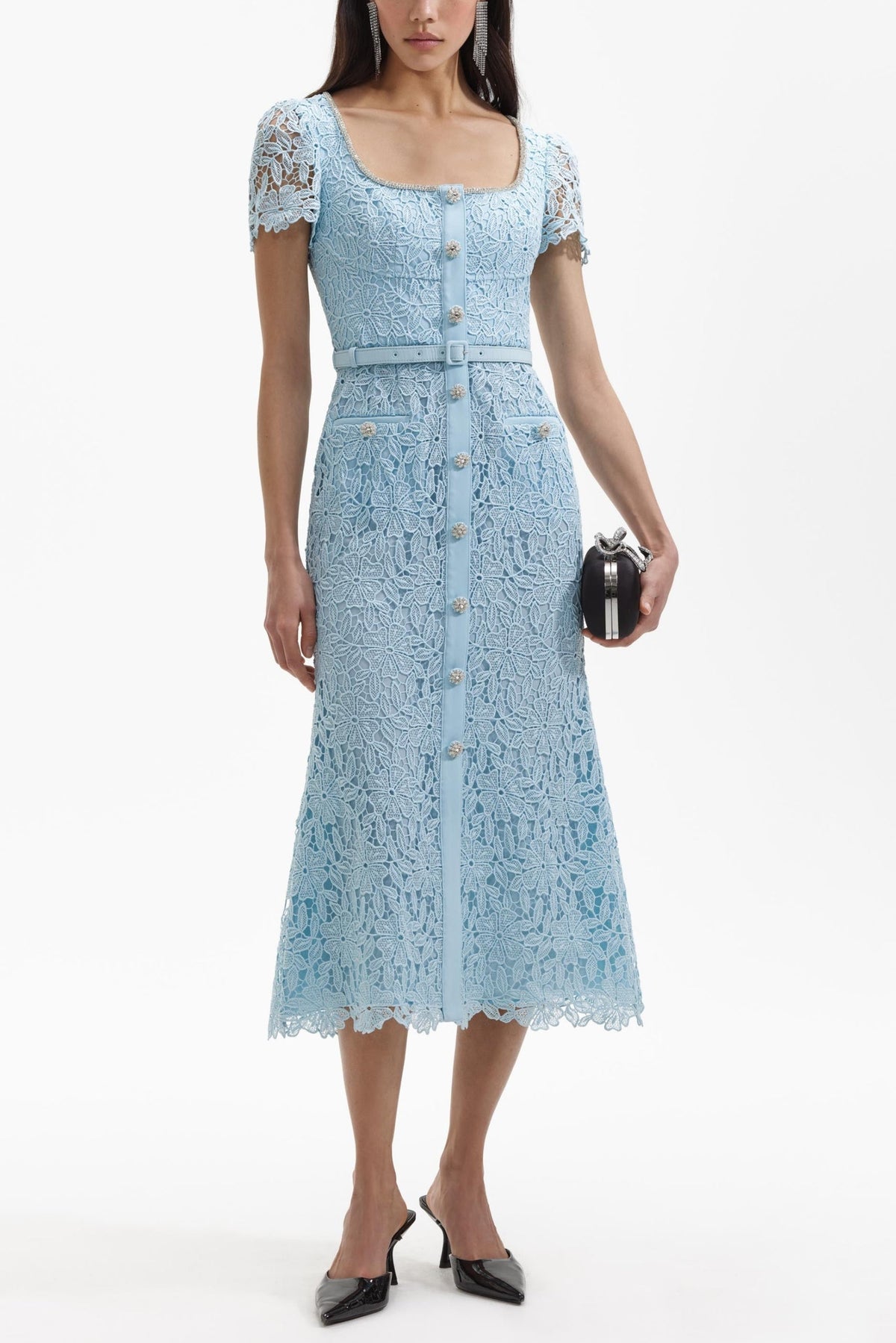 BLUE CORD LACE BOW MIDI DRESS