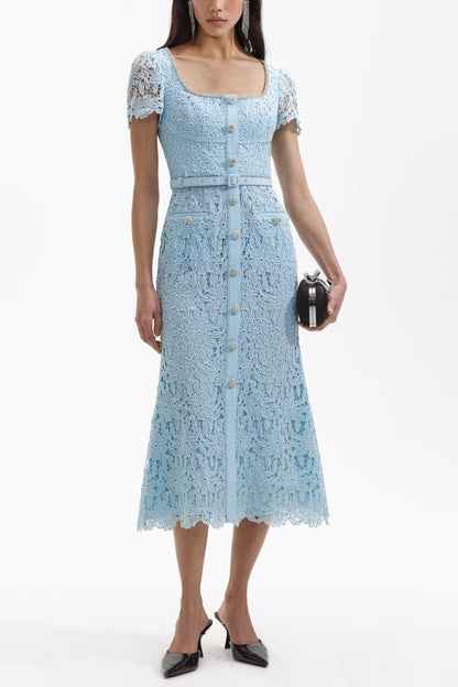 BLUE CORD LACE BOW MIDI DRESS