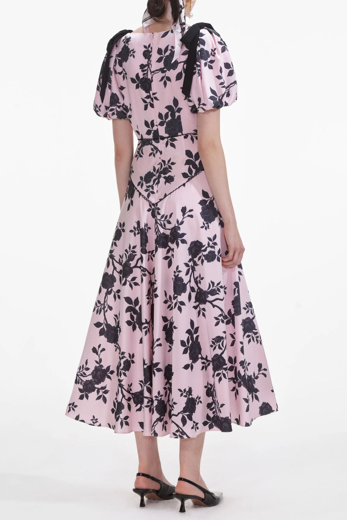 v-neck Satin Floral Midi Dress in pink