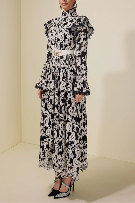 alma Chiffon Embroidered Single Breasted Midi Dress With Belt - black