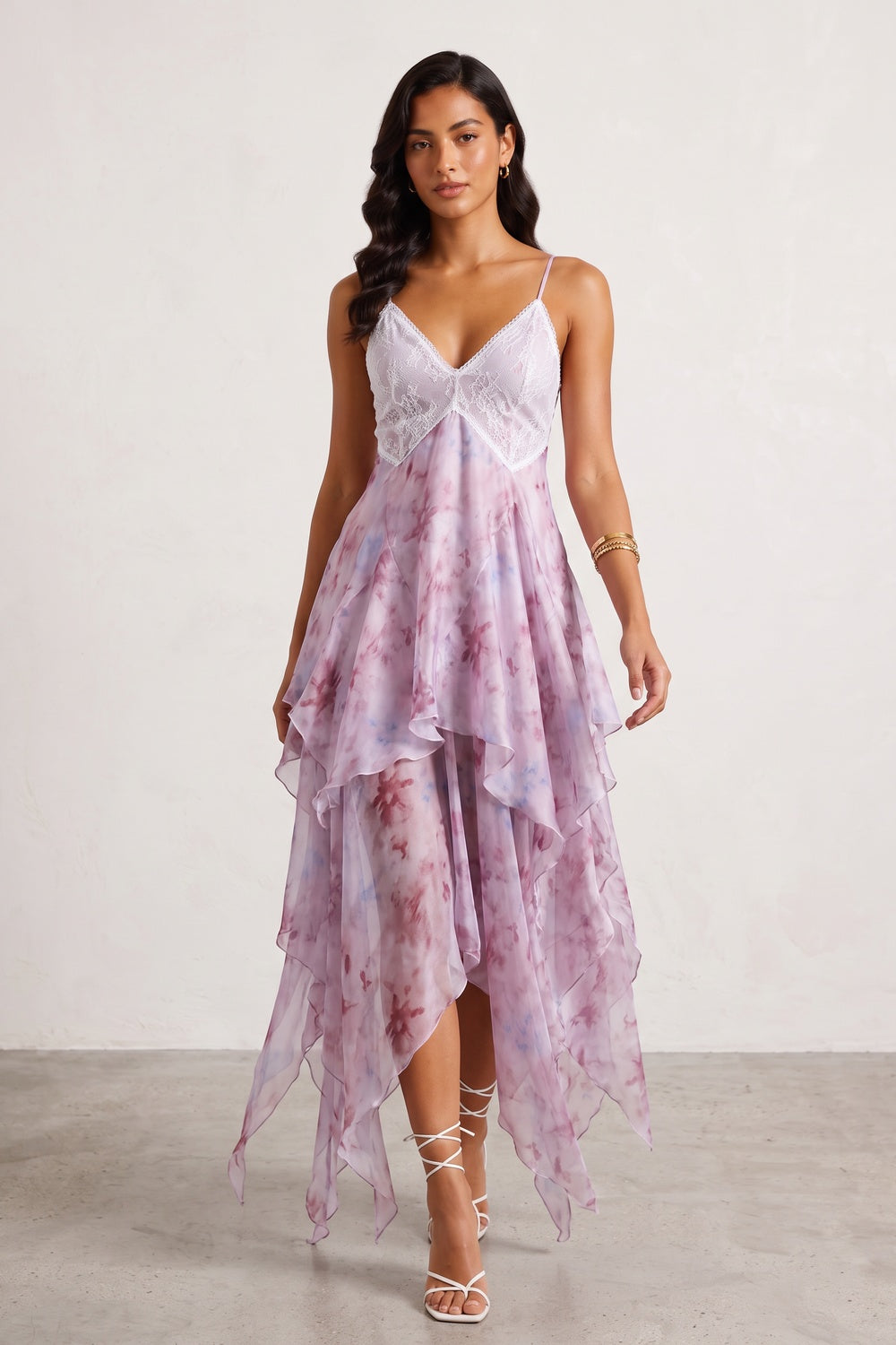 Pink Watercolor Floral Lace V-Neck Asymmetric Ruffle Maxi Slip Dress
