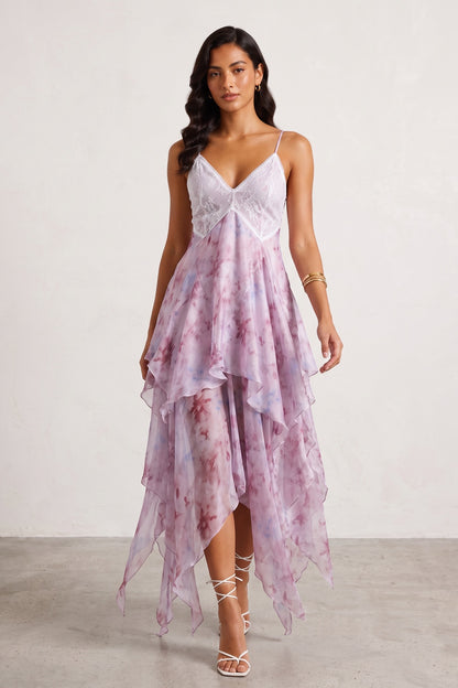 Pink Watercolor Floral Lace V-Neck Asymmetric Ruffle Maxi Slip Dress