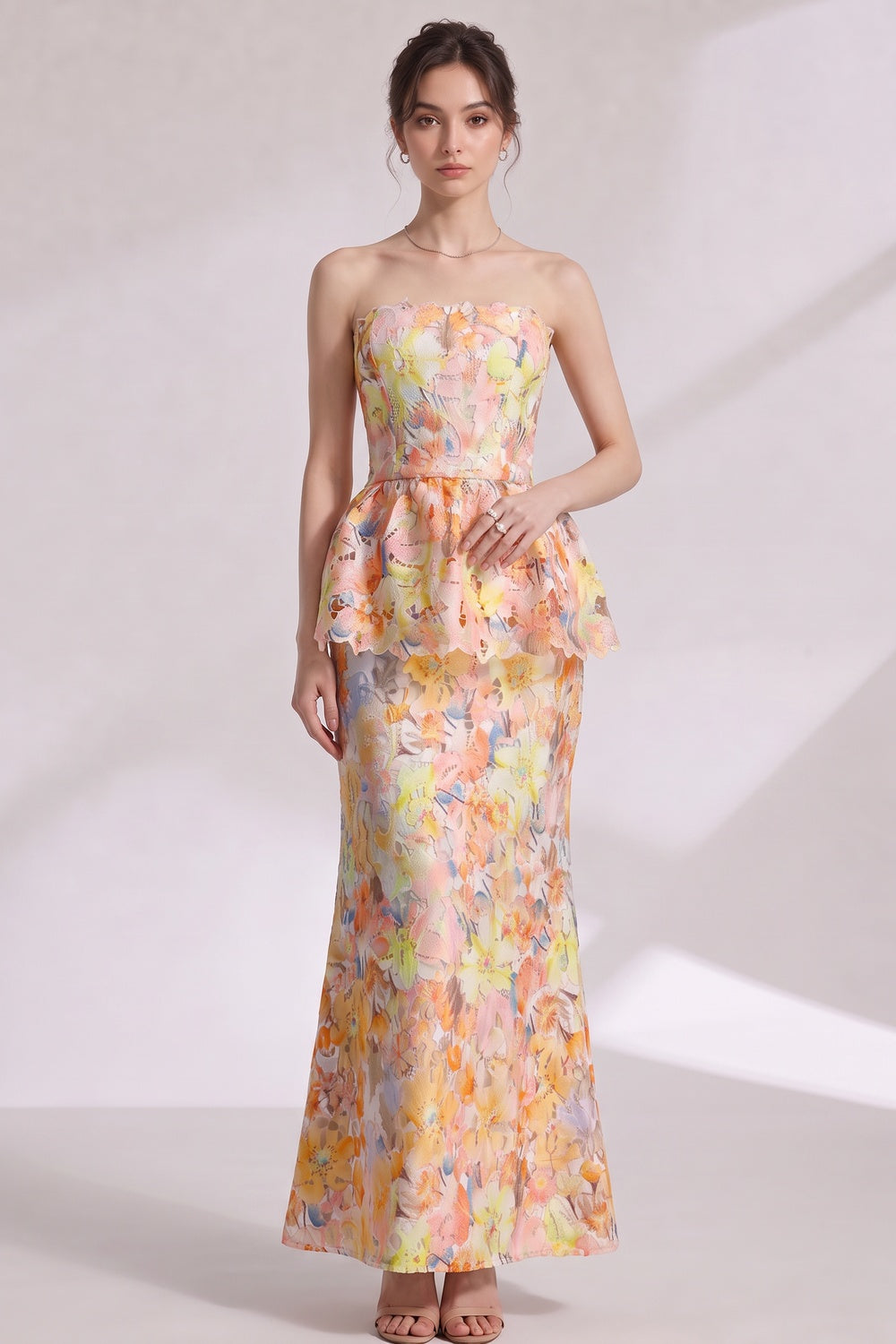 Yellow Laser-Cut Lace Column with Peplum Gown yellow, pink, orange laser-cut lace gown - product view 4