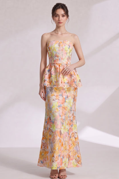 Yellow Laser-Cut Lace Column with Peplum Gown yellow, pink, orange laser-cut lace gown - product view 4