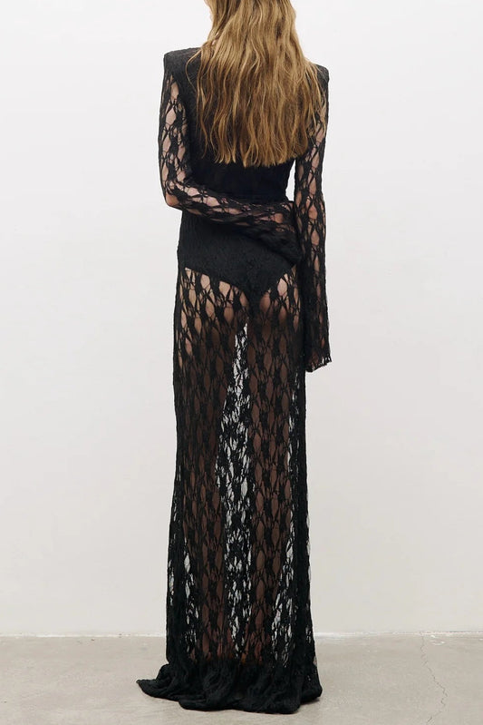 gwendolyn v neck hollow long sleeve lace maxi dress  in black