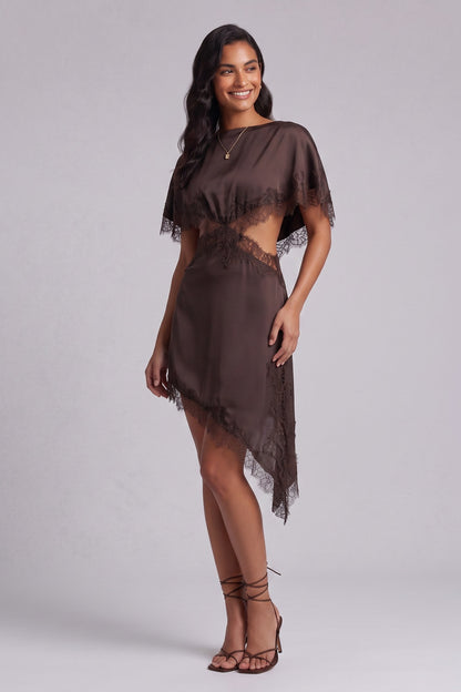 Chocolate Brown Satin Asymmetrical A-Line Dress with Capelet Overlay chocolate brown satin dress - product view 4