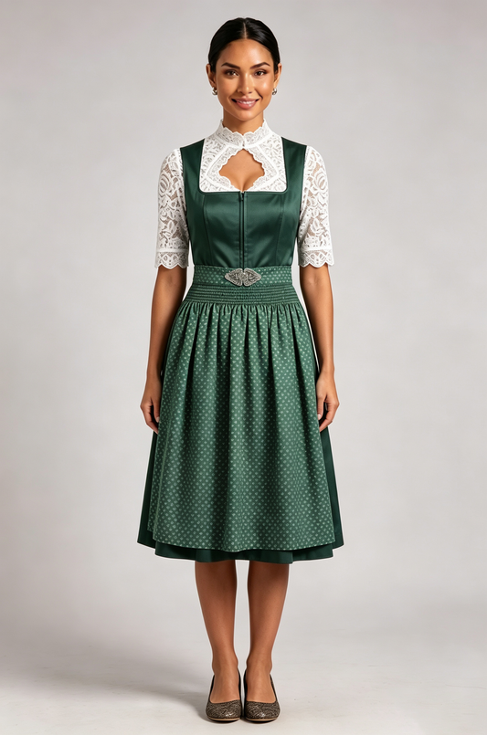 dark green satin-finish polyester or silk blend fit-and-flare dirndl set