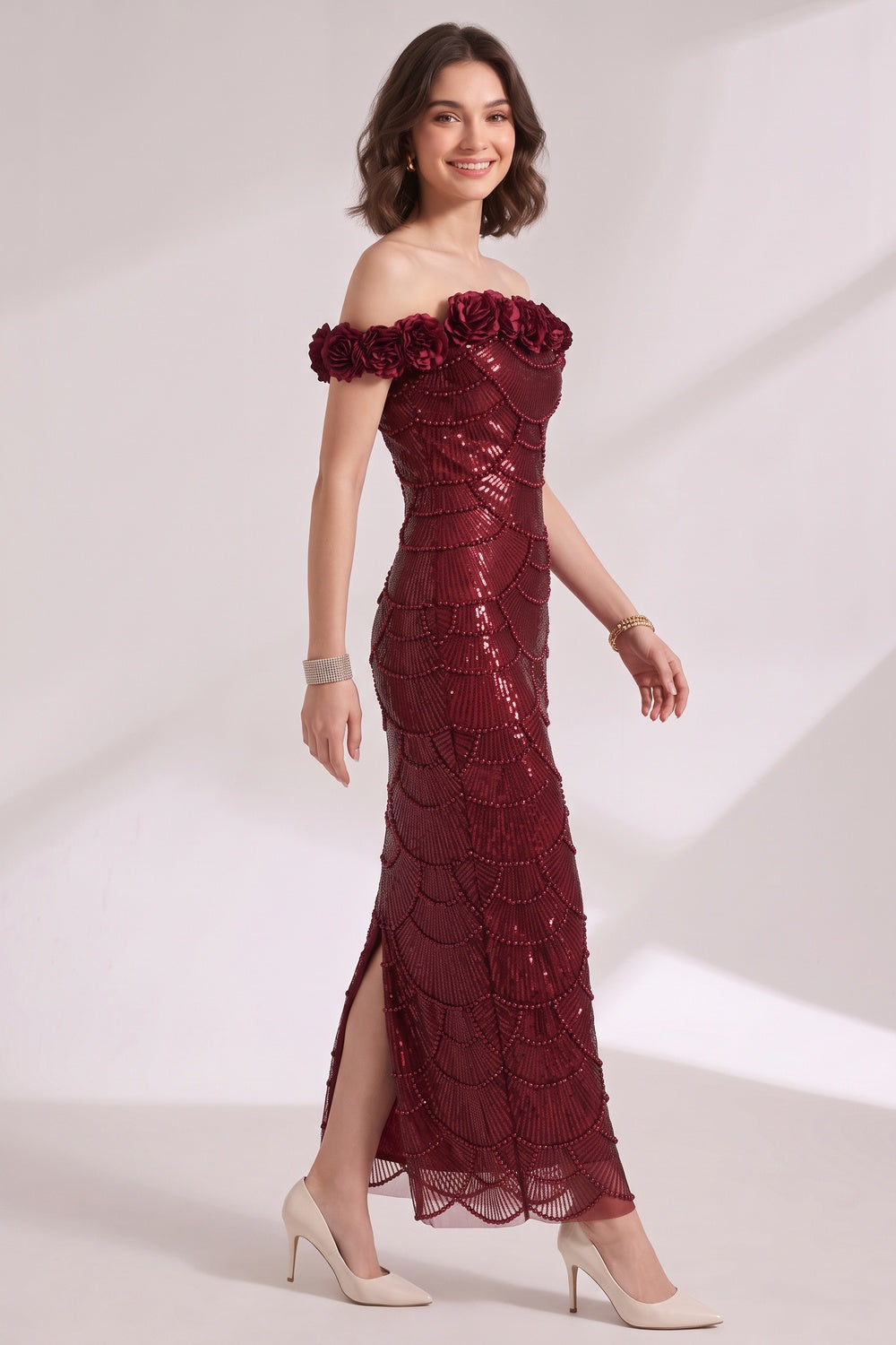 burgundy sequined mesh column gown burgundy sequined mesh gown - product view 3