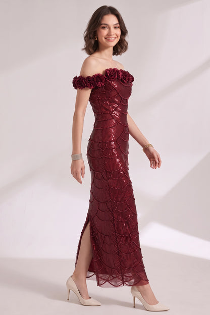burgundy sequined mesh column gown burgundy sequined mesh gown - product view 3