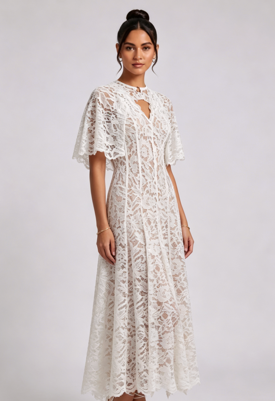 White Floral Lace A-Line Midi Dress with Keyhole Neckline