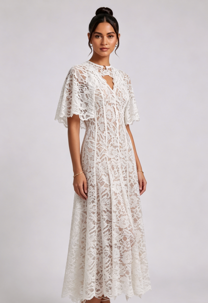White Floral Lace A-Line Midi Dress with Keyhole Neckline