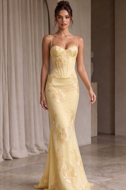 Pale Yellow Embroidered Organza Overlay Mermaid Gown
