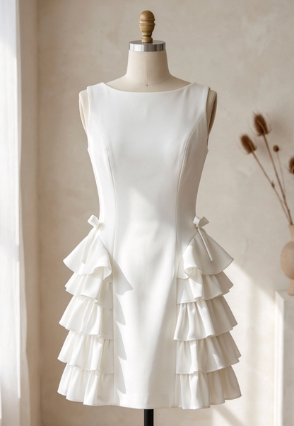 White Structured Crepe A-Line Dress with Side Ruffles