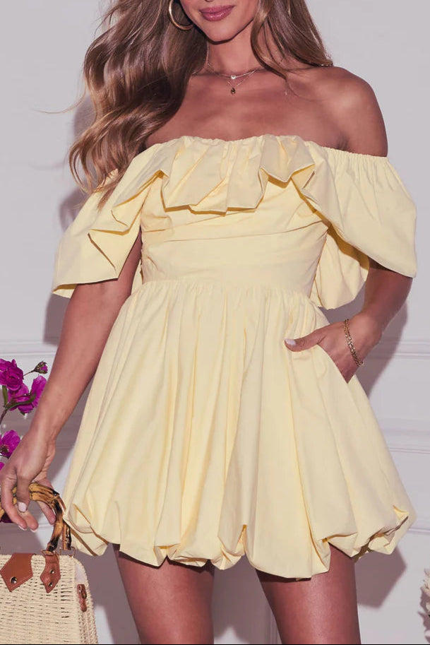 Ruffle Off-Shoulder puffy Mini Dress in yellow
