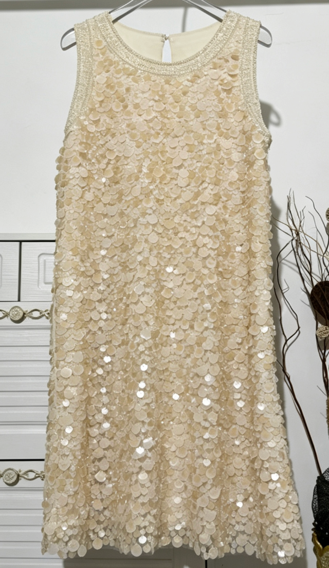 Cream Mesh Base with All-Over Sequins Shift Dress