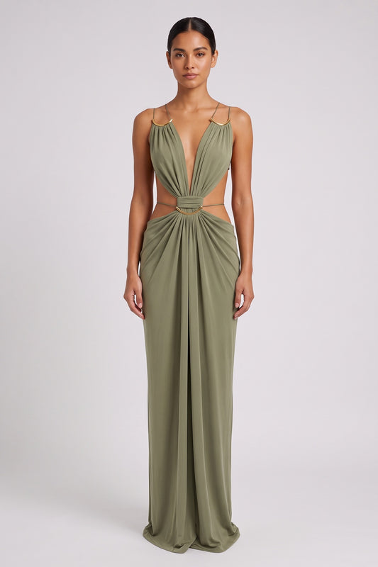 olive green jersey column with waist cutouts dress olive green jersey dress - product view 1