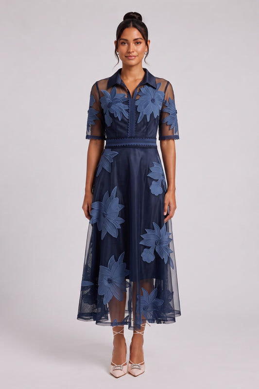 Navy Blue Sheer Organza A-Line Midi Dress with Floral Embroidery navy blue sheer organza mesh dress - product view 1