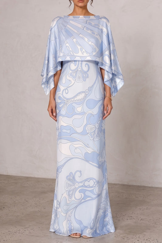 Printed Cape Satin Maxi Dress