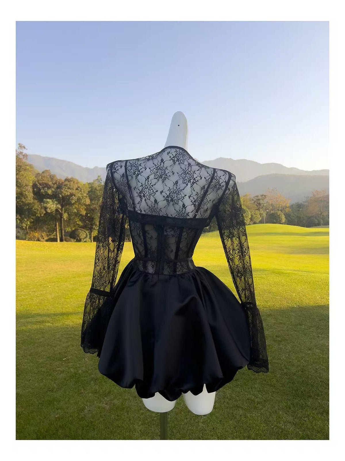 sally lace puffball mini dress in black
