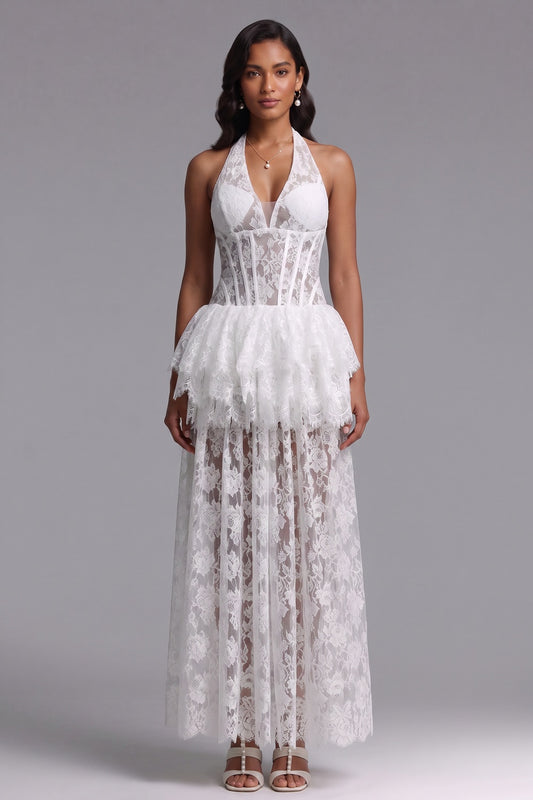white floral lace corset bodice with tiered peplum and straight skirt dress white floral lace dress - product view 2