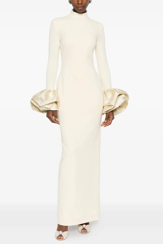 rachel white ruffled crystal-embellished crepe mock-neck gown