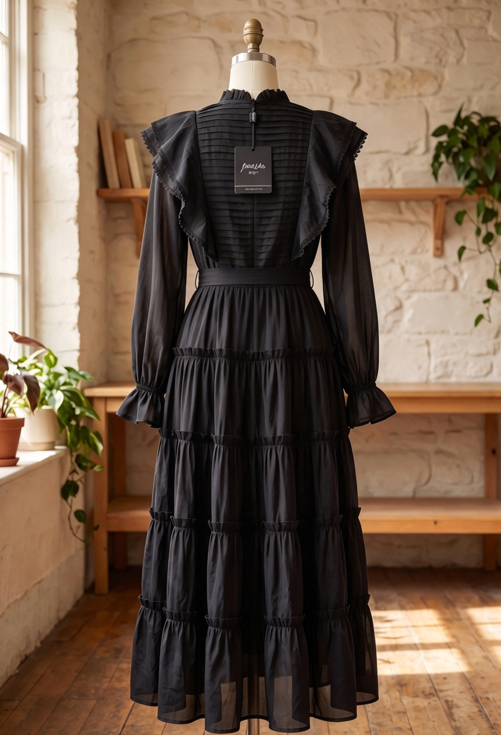 Black Tiered A-Line Midi Dress with Bishop Sleeves