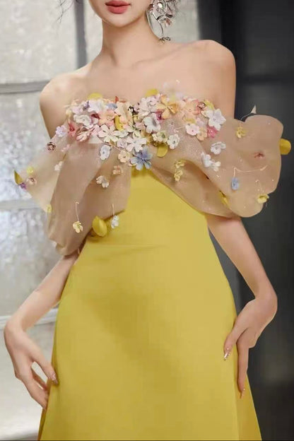 Bright Yellow Satin Strapless Maxi Gown With 3D Colorful Floral Tulle Bust