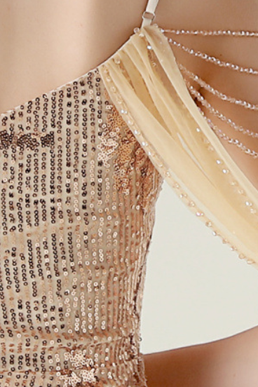Rose Gold Sequin Maxi Gown with Tulle Shoulder Detail