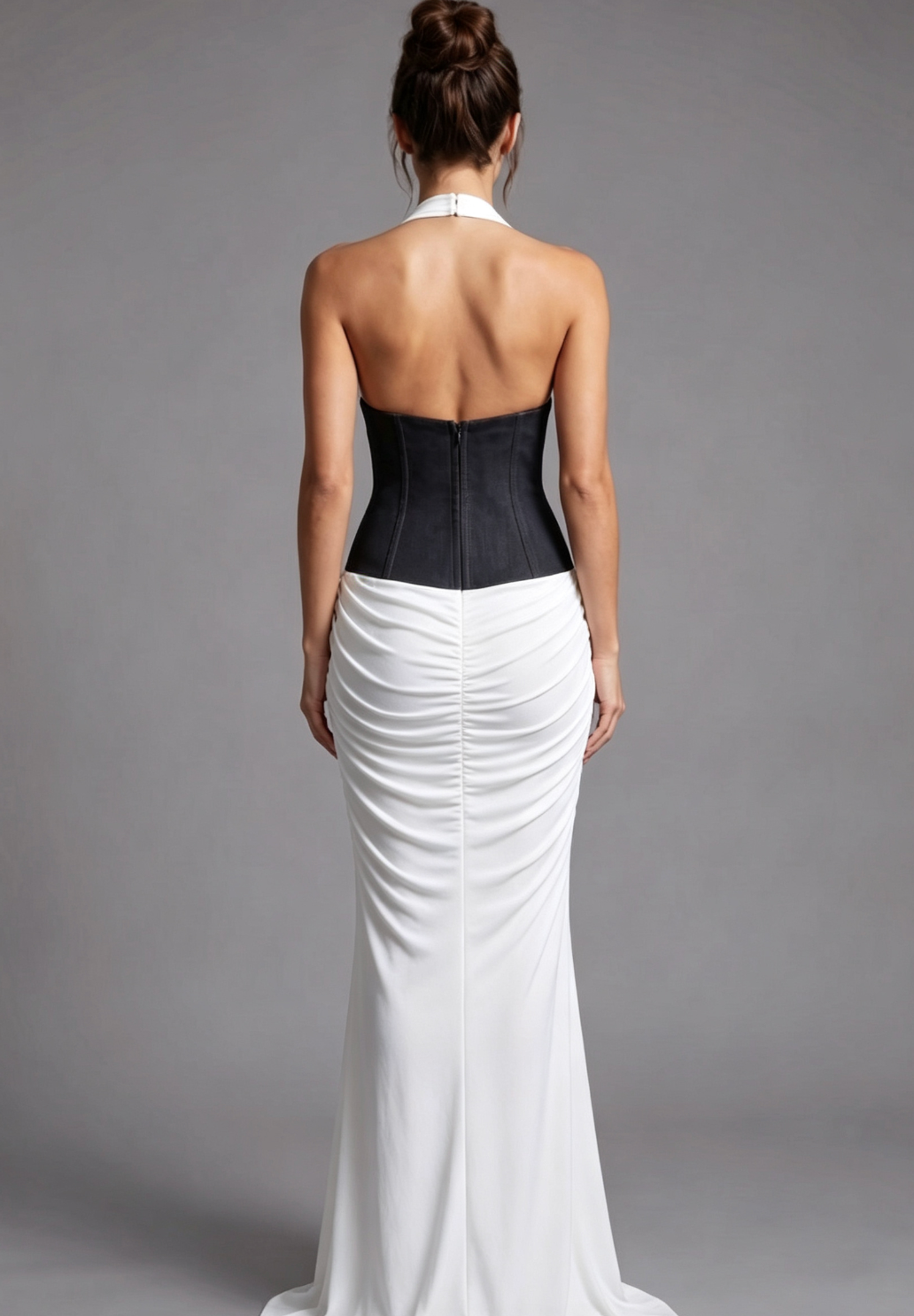 White Fluid Jersey Column Evening Gown with Structured Black Waist