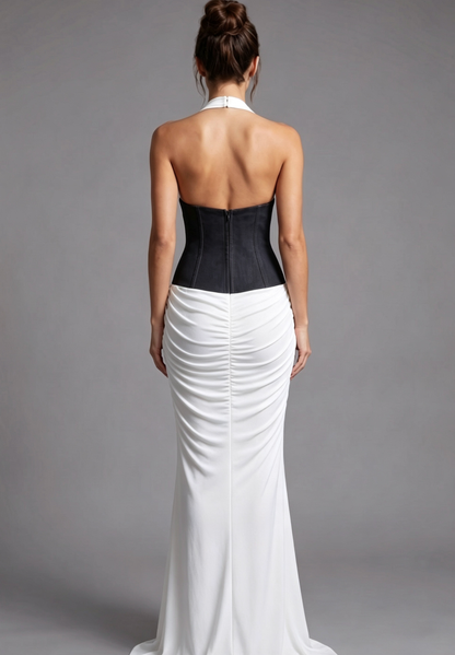 White Fluid Jersey Column Evening Gown with Structured Black Waist